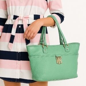 Tommy Hilfiger Women's Vintage Pebble Leather Tourquist Green Tote Bag